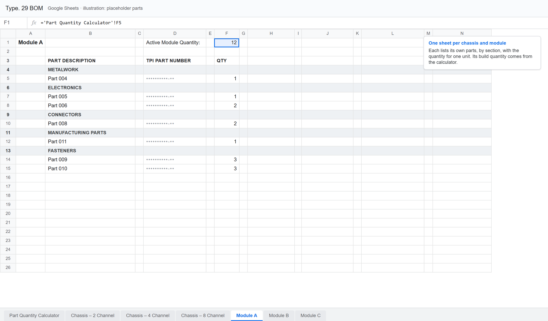 One module's sheet: its build quantity at the top, taken from the calculator, and its parts in sections, each with the quantity for one module.