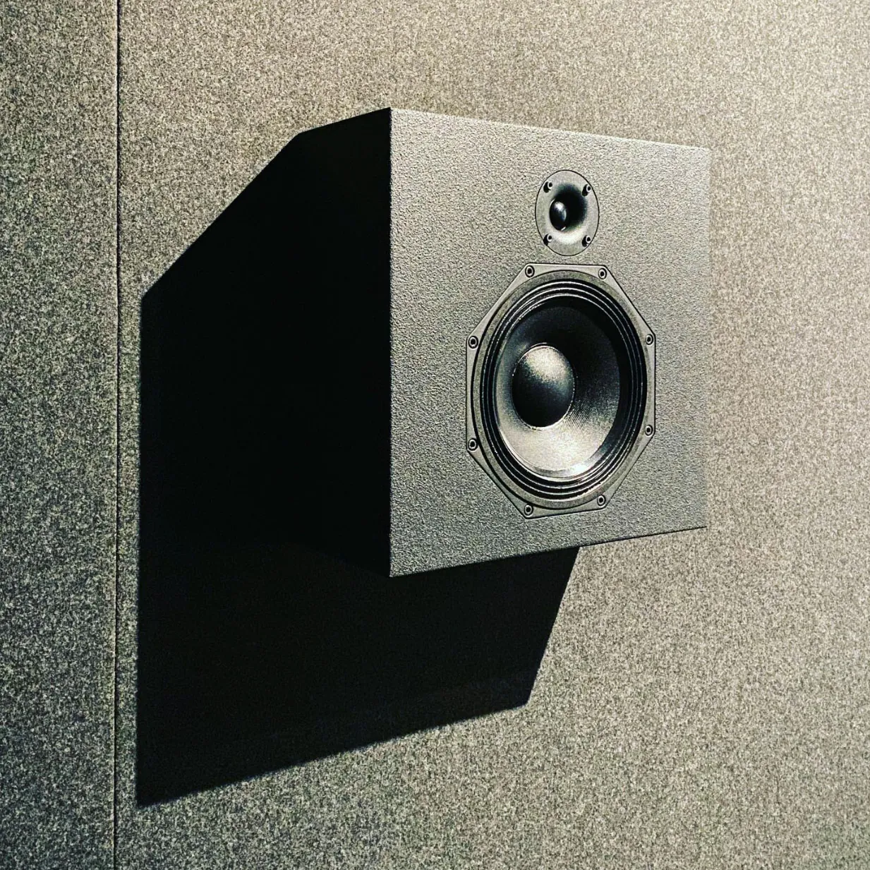 A black, wedge-shaped Type. 2-8 surround speaker fixed to a textured wall and angled downwards, with a tweeter above a larger driver.