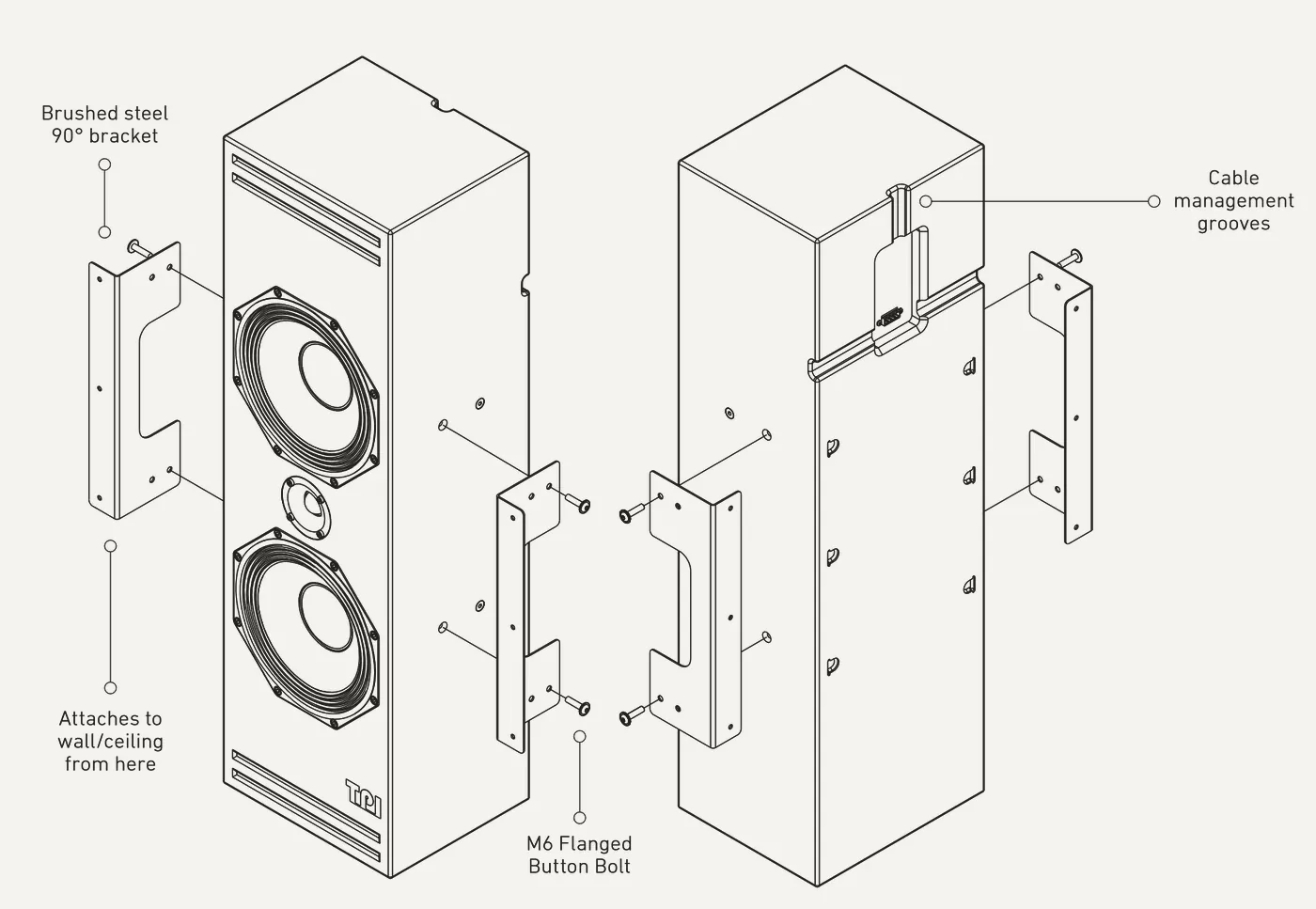 Line drawing of the tall, slim Type. 3-8SL from the front and back, with callouts for its brushed steel brackets, cable management groove and fixings.