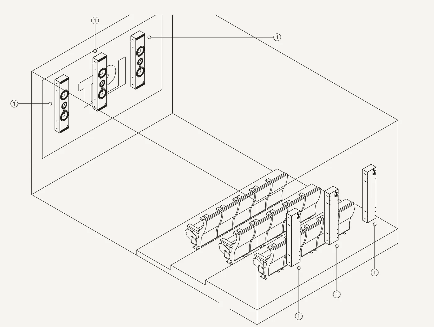 Isometric line drawing of a cinema room: rows of seats facing a screen wall of three speakers, with surround speakers along the walls and numbered callouts marking each position.