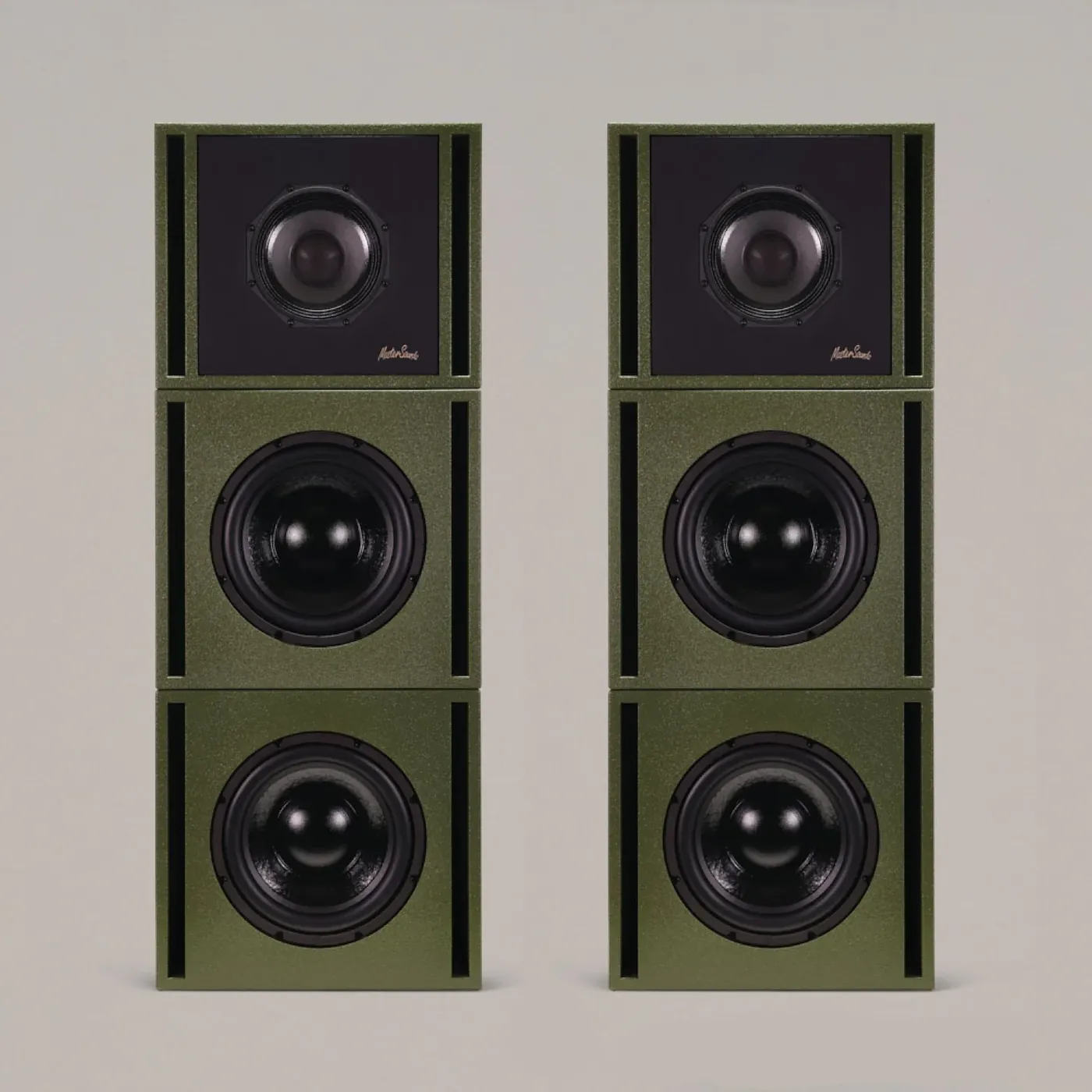 Two olive-green Clarity M stacks: a top module above two bass modules.