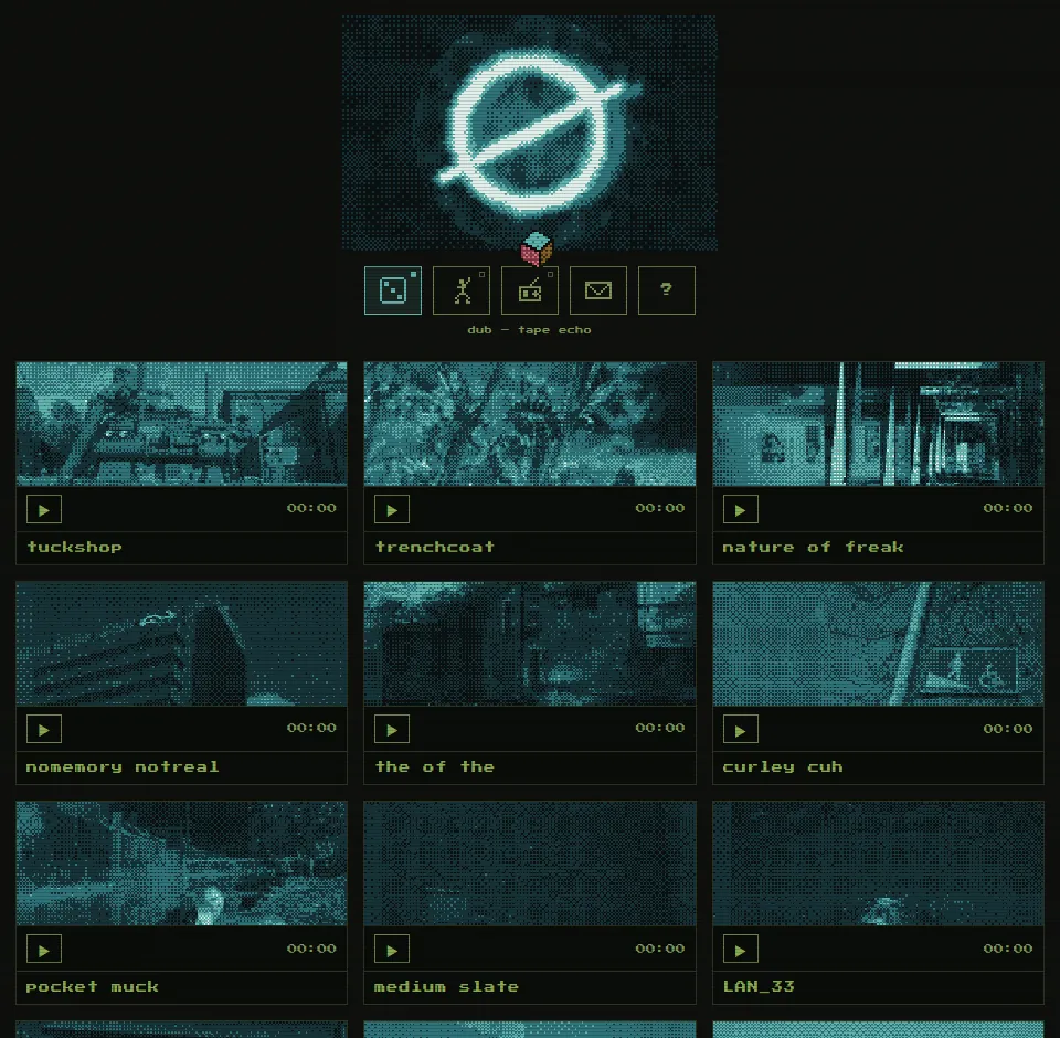 The same page with the dice on its dub face: the logo, artwork and footer tinted teal, a small pixel die resting on top of the buttons, the line under them reading dub, tape echo, and the logo's slash turned partway round as it speaks.