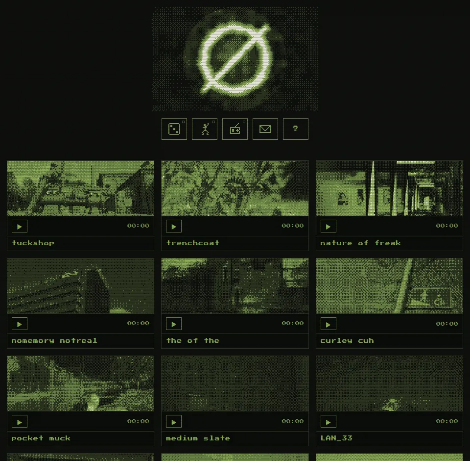 The Field Unit site: a glowing green null-set logo above a row of five pixel-symbol buttons (a die, a dancer, a radio, an envelope and a question mark), and a grid of track tiles with dithered green artwork, play buttons and names such as tuckshop, trenchcoat and nature of freak.