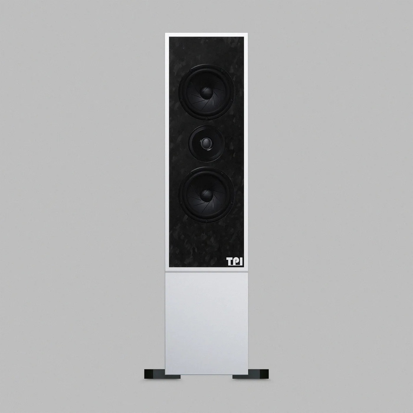 Type. HF2 MK2 floor-standing loudspeaker: a tweeter between two mid-bass drivers in a tall black speckled baffle above a white base.