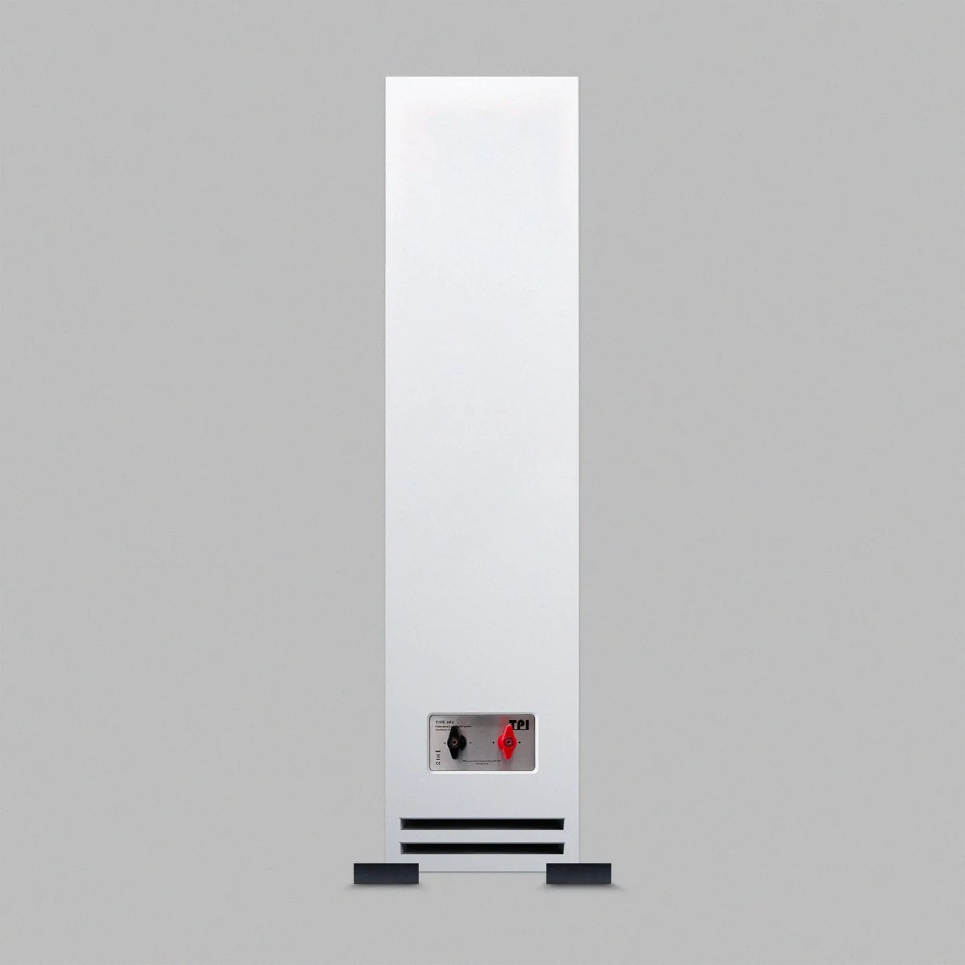 Rear of the Type. HF2 MK2: a tall white cabinet with speaker terminals and a slotted vent near the base.