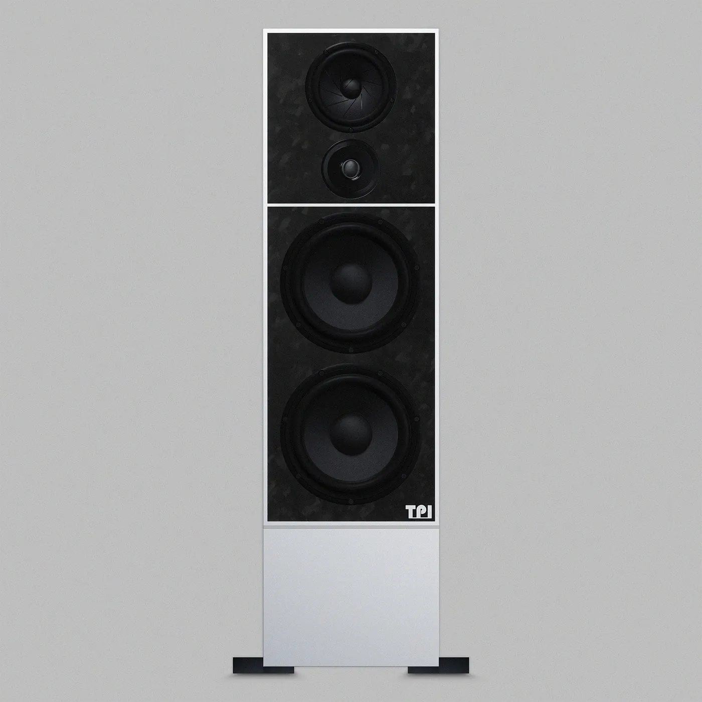 Type. HF3 floor-standing loudspeaker: tweeter and midrange above two large bass drivers in a black speckled baffle, over a white base.