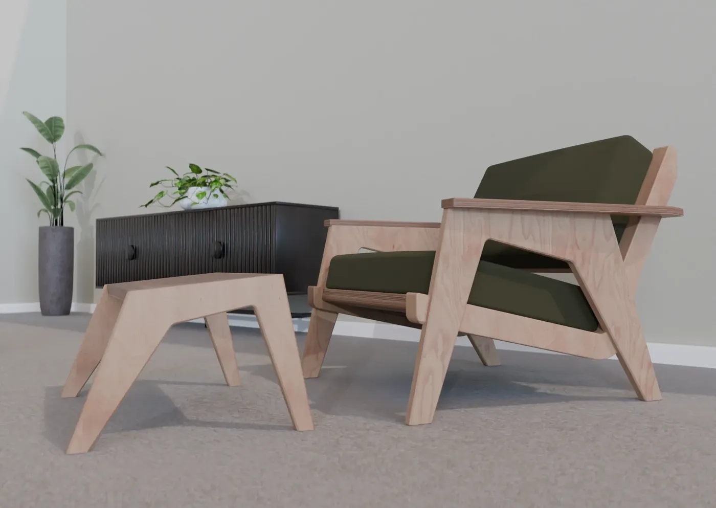A pale wooden lounge chair with olive cushions next to a matching stool.
