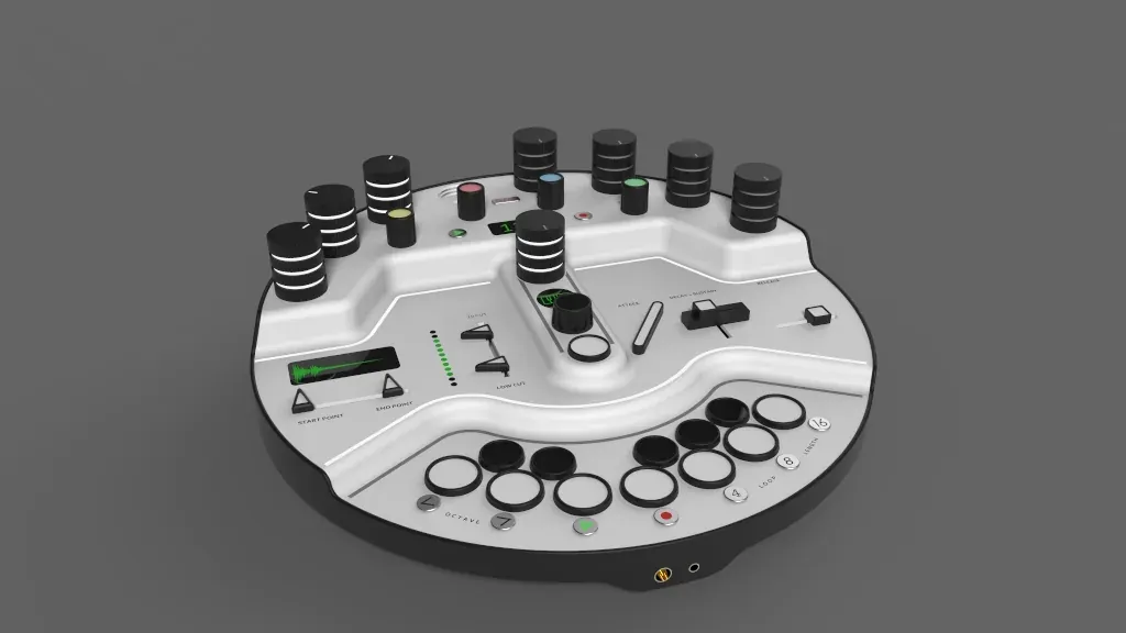 Looop: a round white music device with rows of black knobs, sliders and a ring of pads.