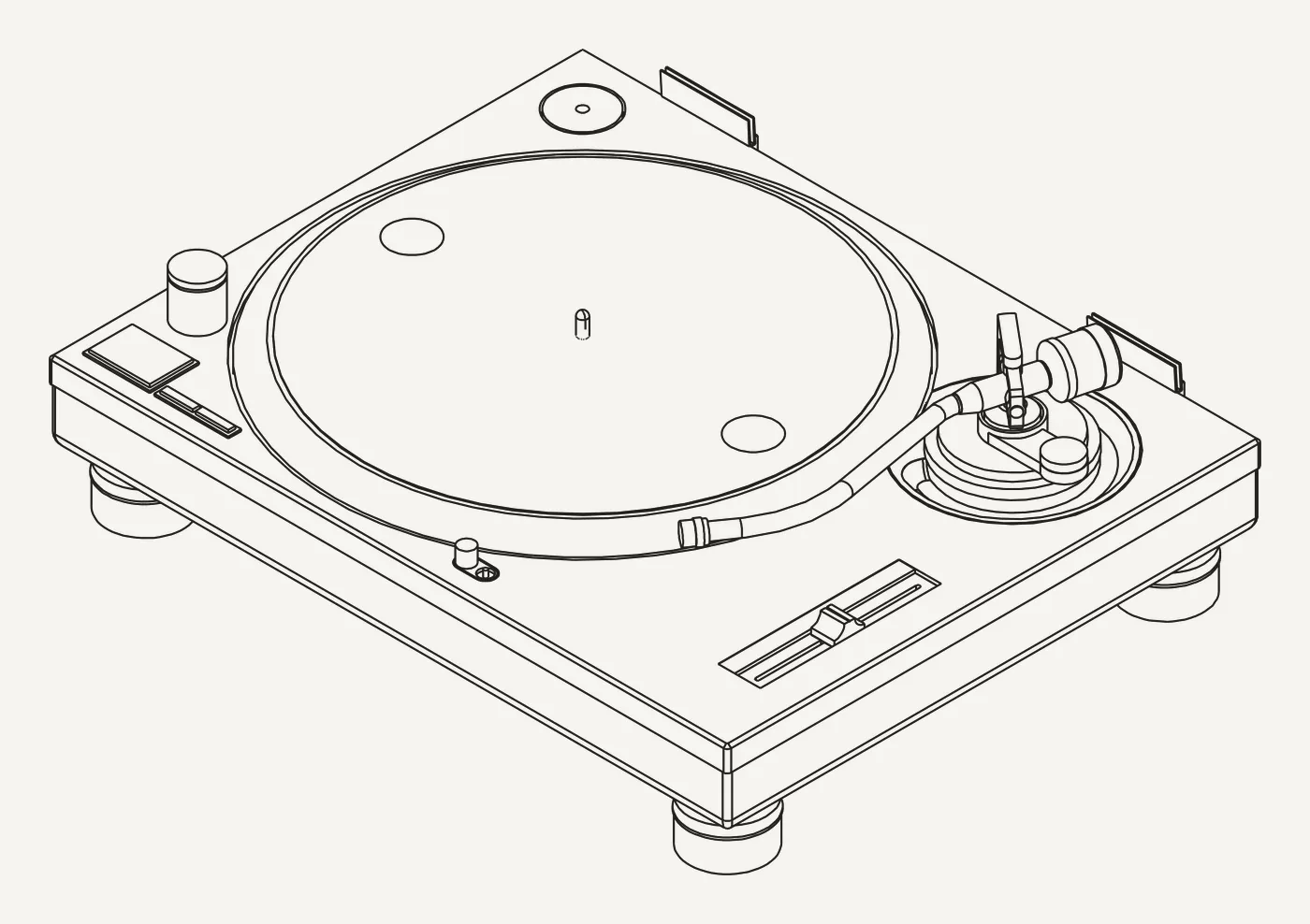 Isometric line drawing of the assembled Technics 1210 turntable on its feet, with platter and tonearm fitted.