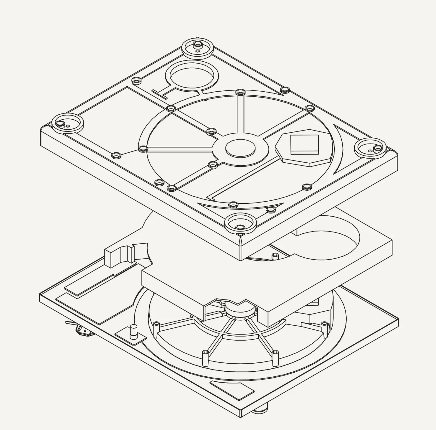Line drawing of the turntable base separated into its ribbed lower casting and the plate above.