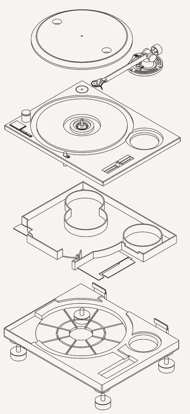 Exploded isometric line drawing of a Technics 1210: platter and tonearm above the top plate, chassis and base below.