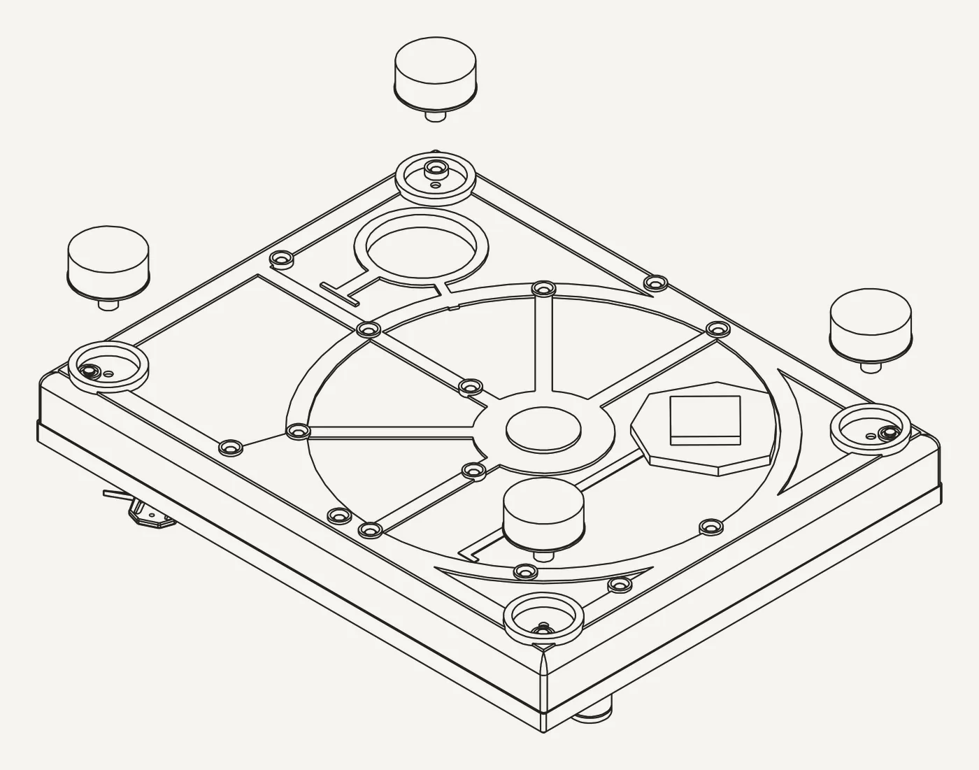 Isometric line drawing of the 1210 base from below, with its four feet lifted away.
