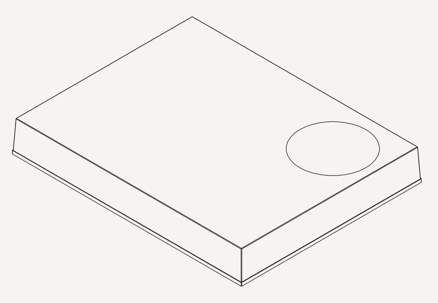 Isometric line drawing of a shallow rectangular lid with a circular cut-out near one corner.