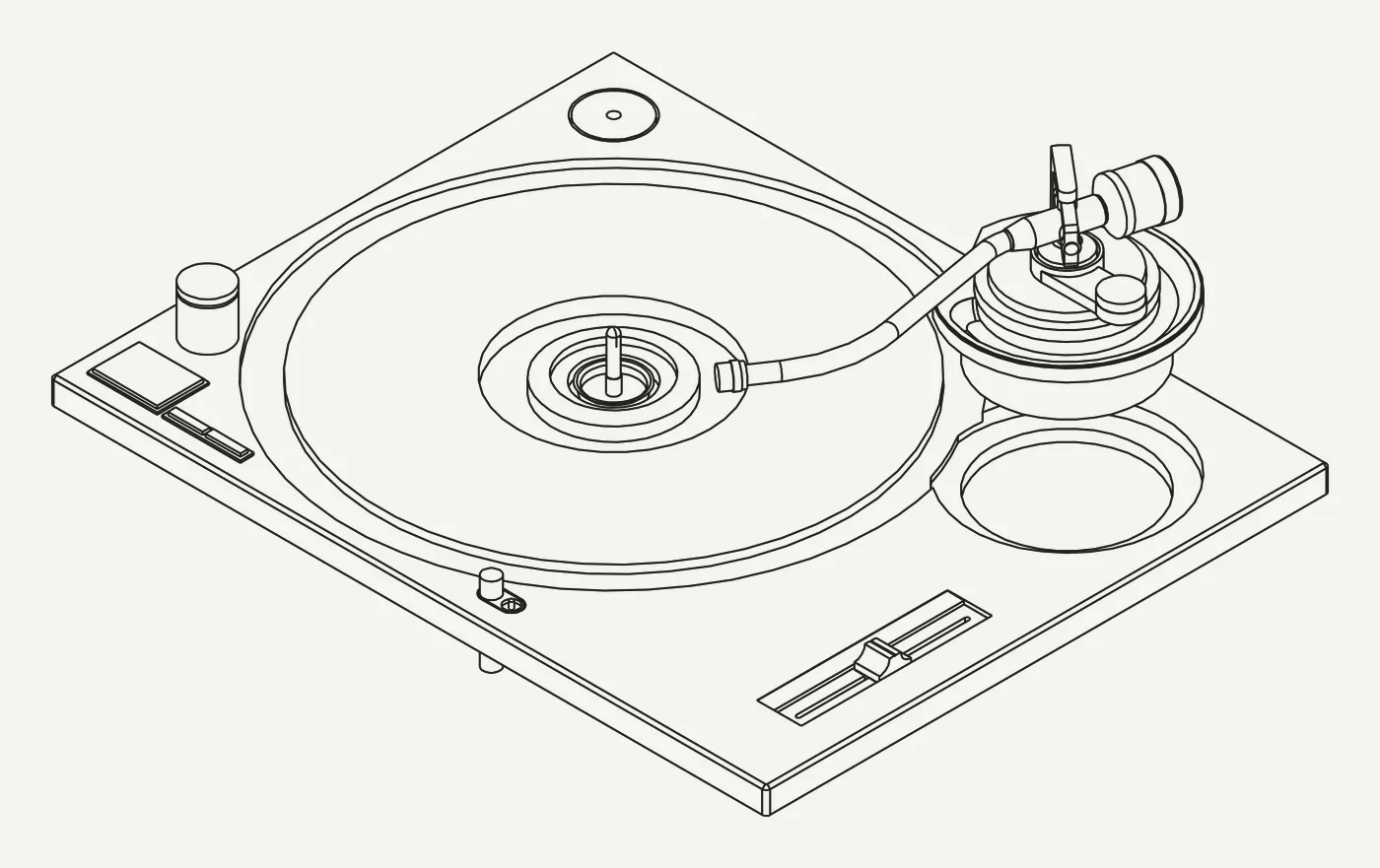 Isometric line drawing of the 1210 top plate with the platter and tonearm in place.