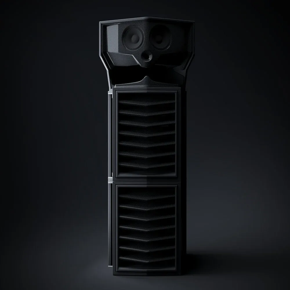 A black Type. MFR loudspeaker with a horn module above a tall slatted cabinet.