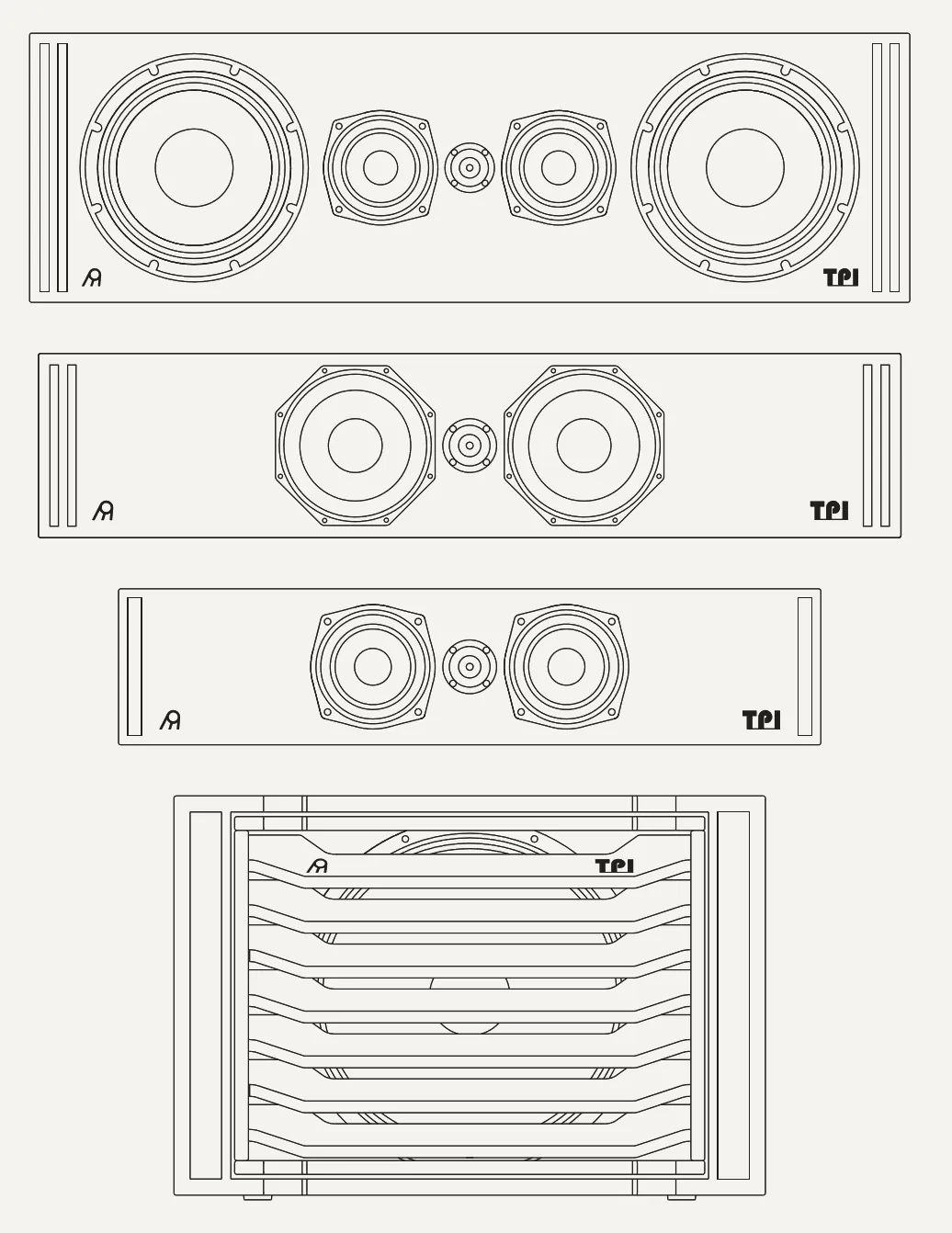 Front line drawings of the Movement range stacked by size: the L, M and S screen speakers above the slotted Movement Sub.