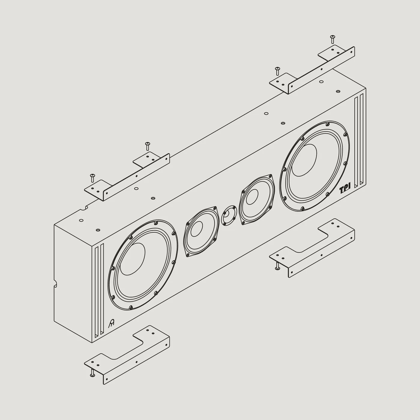 Isometric line drawing of the Movement L: a long, shallow cabinet with a large driver at each end, smaller drivers and a tweeter between them, and mounting brackets.