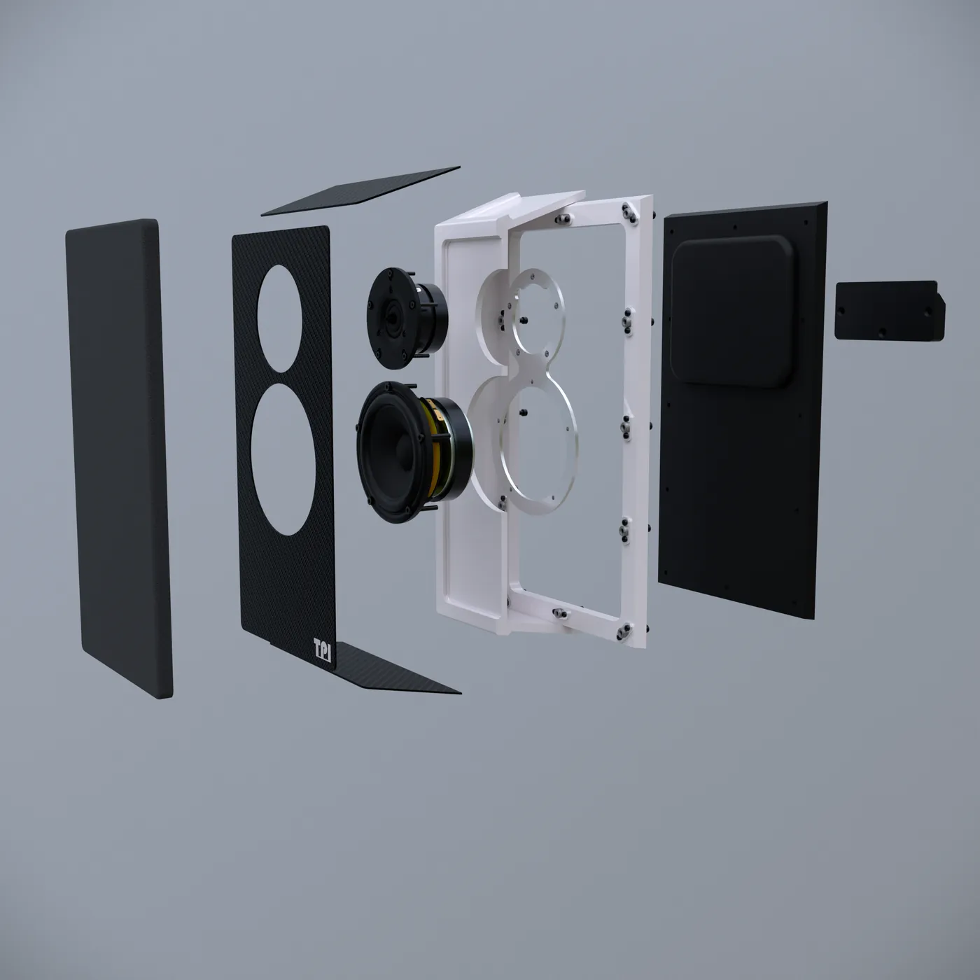 Exploded render of Picture against pale blue-grey: dark front panels, the tweeter and mid-bass driver, a white frame with fixings, a dark rear panel and a small bracket.
