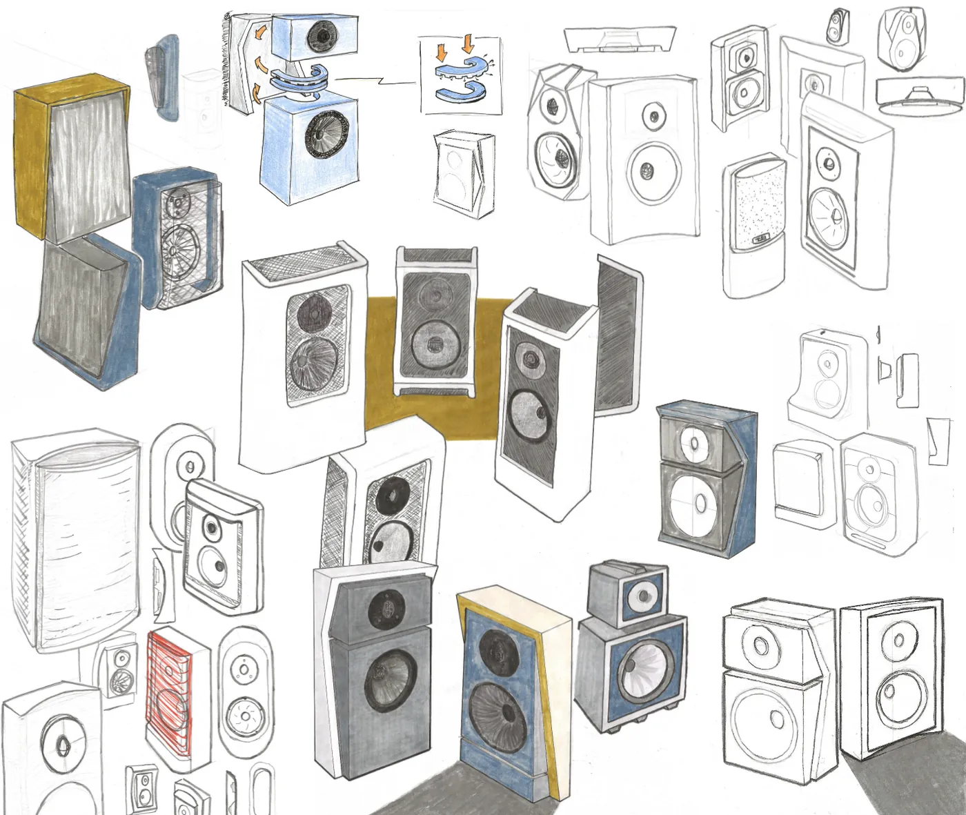 A sheet of pencil and marker sketches of wall-mounted speaker ideas: angled and wedge-shaped cabinets, framed baffles and grilles, some coloured mustard, blue and red, and a wall-mounting detail drawn with arrows.