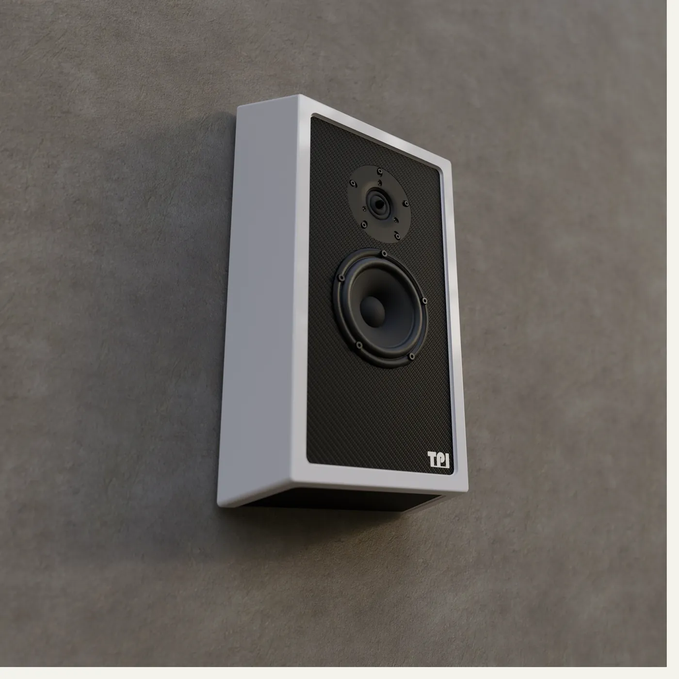 Render of Picture on a textured wall: a white angled cabinet with a dark baffle holding a tweeter above a mid-bass driver.