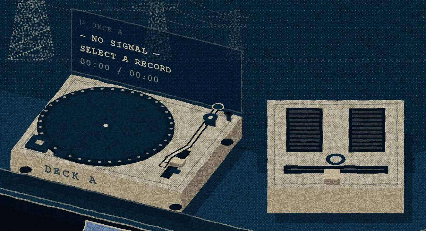 Close-up of a turntable drawn in projection, its lid display reading NO SIGNAL, beside the mixer.