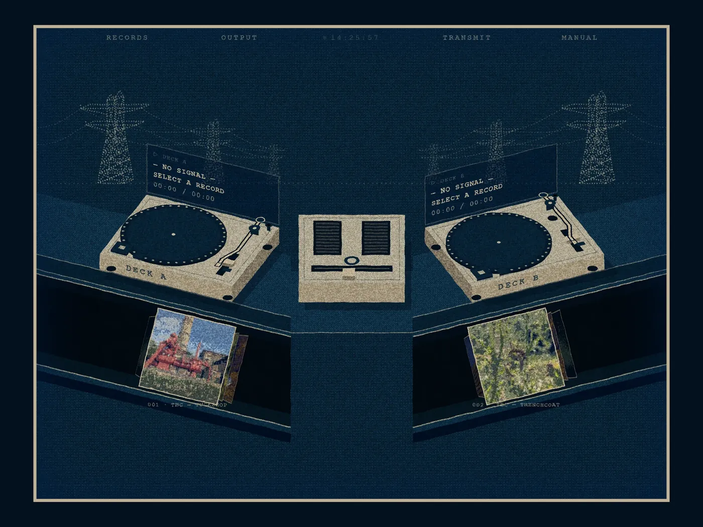 Two cream isometric turntables either side of a small mixer on a dark blue worktop, with record sleeves on shelves below.