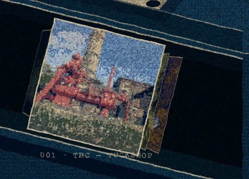 A record sleeve lifted from the shelf, rendered in coarse blue and cream dither.
