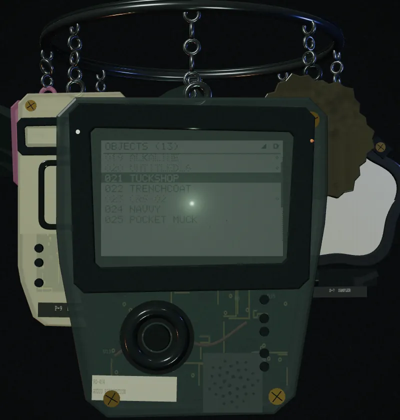 The RO-404 handheld held up to the viewer, its dot-matrix screen listing numbered objects with 021 Tuckshop selected, then Trenchcoat, Navvy and Pocket Muck; some entries are scrambled as unresolved.