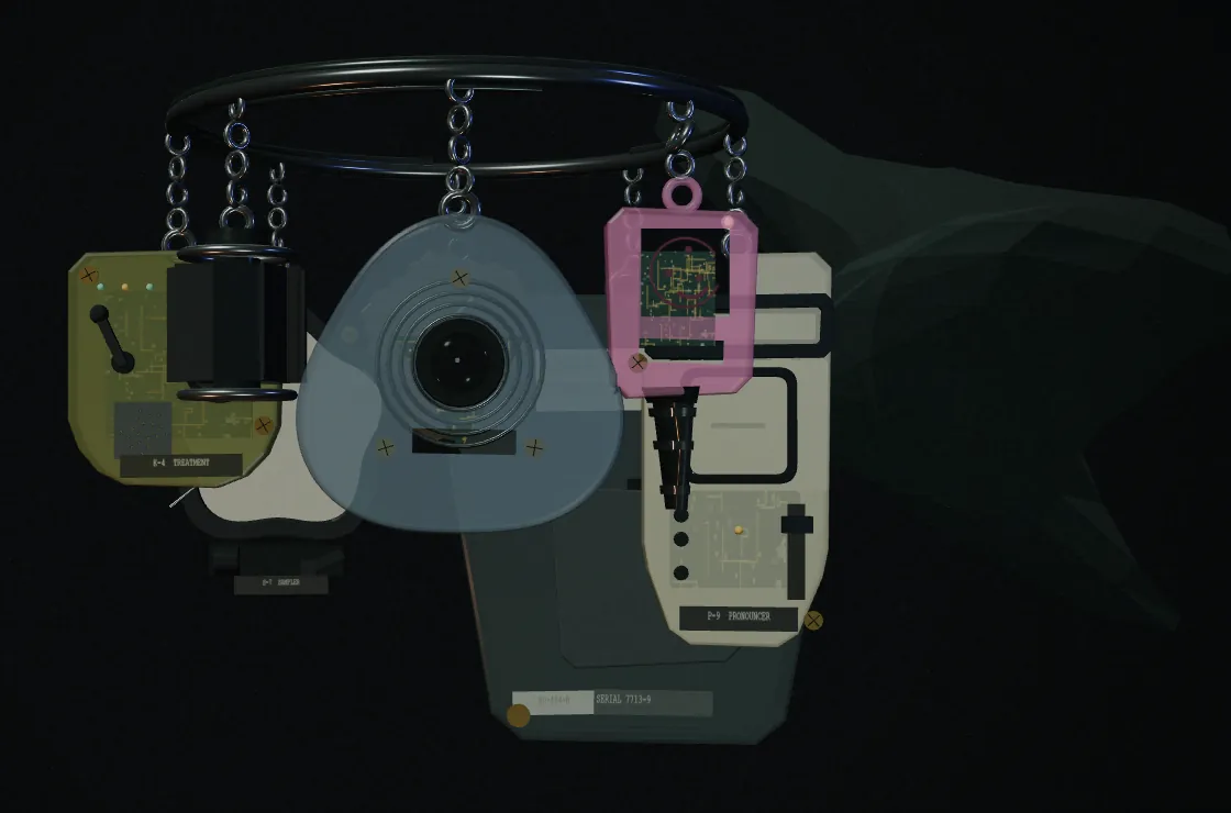 A metal ring hanging in the dark with devices on short chains: an olive circuit-board unit with a lever, a black rotor, a translucent blue device with a lens, a pink key with a triangular prong, a cream handheld with a slider, and the back of a larger dark handheld. A vague shape hangs in the darkness behind.