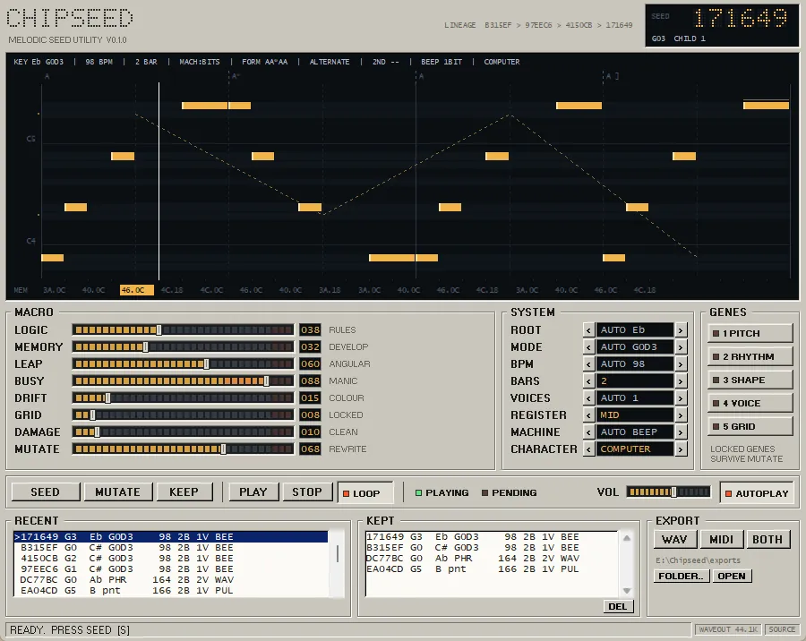 Chipseed: a dark piano-roll monitor with orange notes and a dotted contour line, eight segmented macro faders, system selectors, gene locks, and lists of recent and kept seeds.