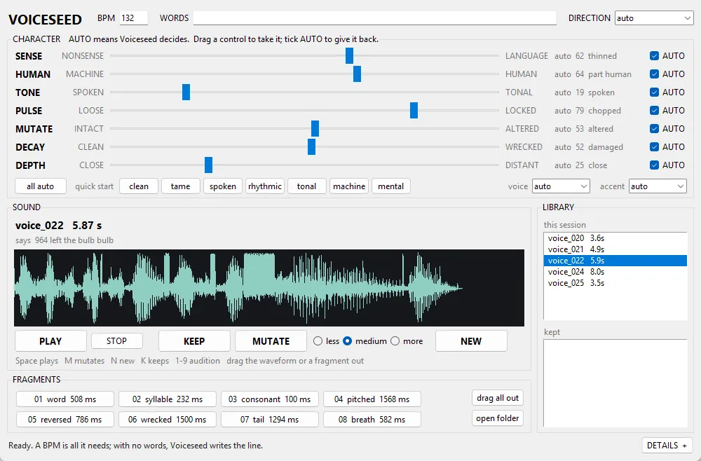 Voiceseed: seven character sliders from nonsense–language down to close–distant, the waveform of a 5.9-second vocal sound, eight labelled fragments and a session library.