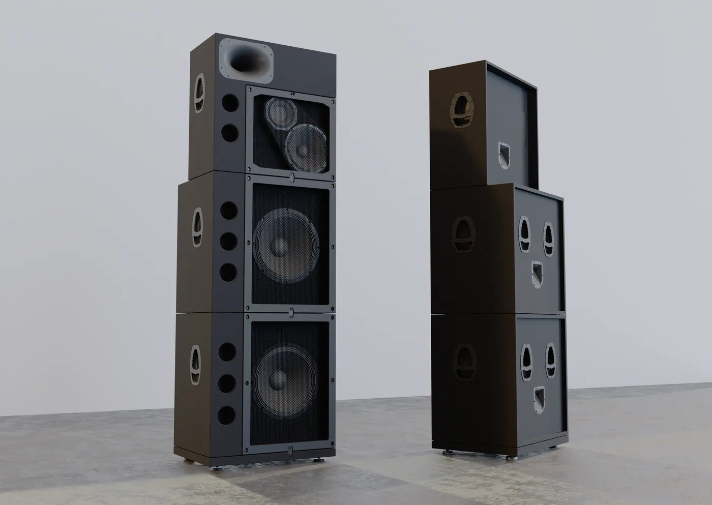 Render of two tall black speaker stacks, one from the front and one from the back: a horn-and-mid module on top of two bass modules, with round ports and recessed handles.