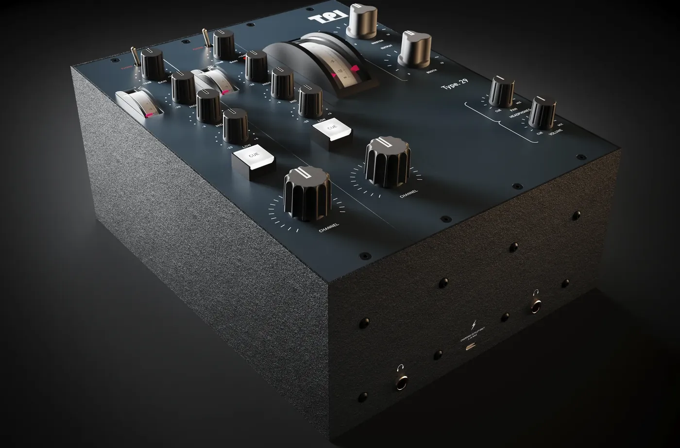 Type. 29 mixer from the front three-quarter: a blue-grey panel of channel strips with rotary controls and a central VU meter.