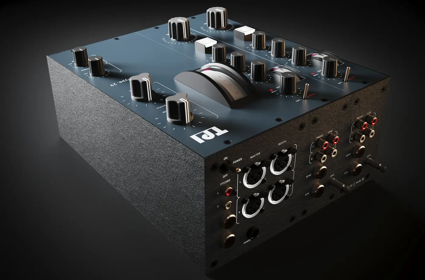 Type. 29 from the rear three-quarter, with XLR and RCA connectors aligned beneath each channel module.