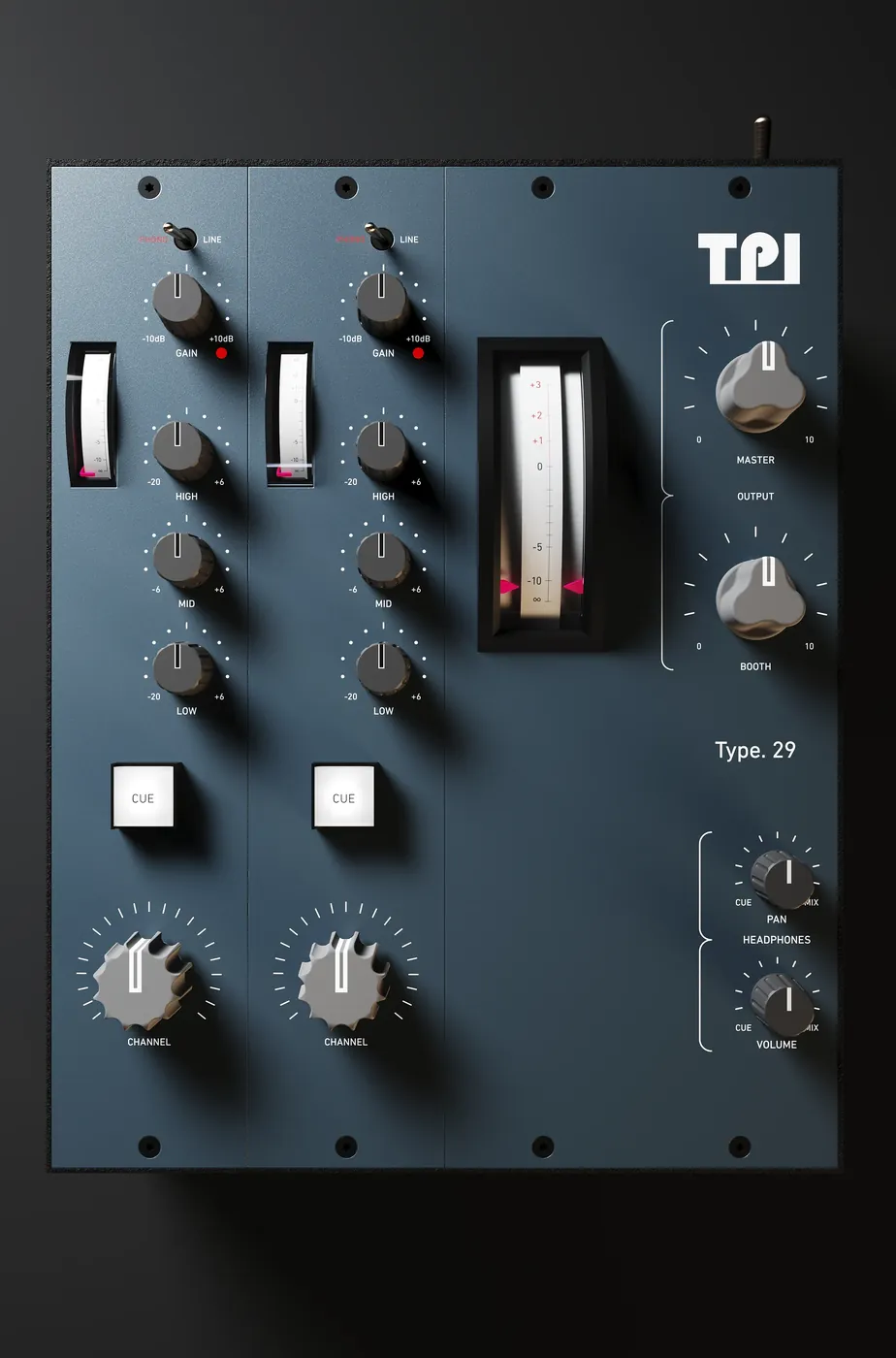 Top-down view of the Type. 29 control surface with channel strips, a master section and a VU meter.