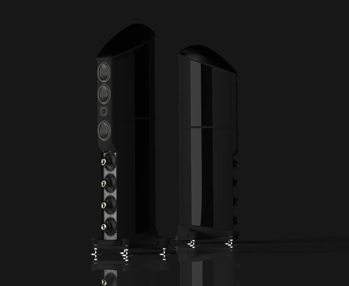 A pair of tall Eminence loudspeakers with curved cabinets and a column of drivers against a dark background.