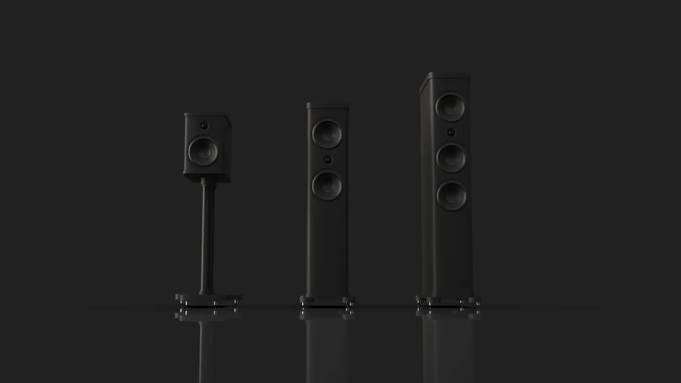 The Precision Series line-up: a stand-mount on a stand and two floor-standing models of increasing height.