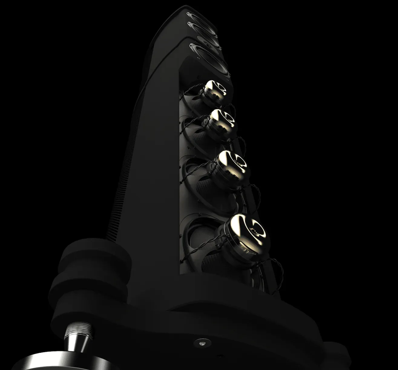 Dark render of the Eminence driver column with gold-coloured dust caps on each driver.