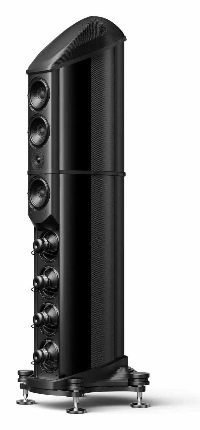 An Eminence loudspeaker in black, three-quarter view on white: a tall curved cabinet with its column of drivers above four isobaric units, a sculpted carbon top and a machined foot on spikes.