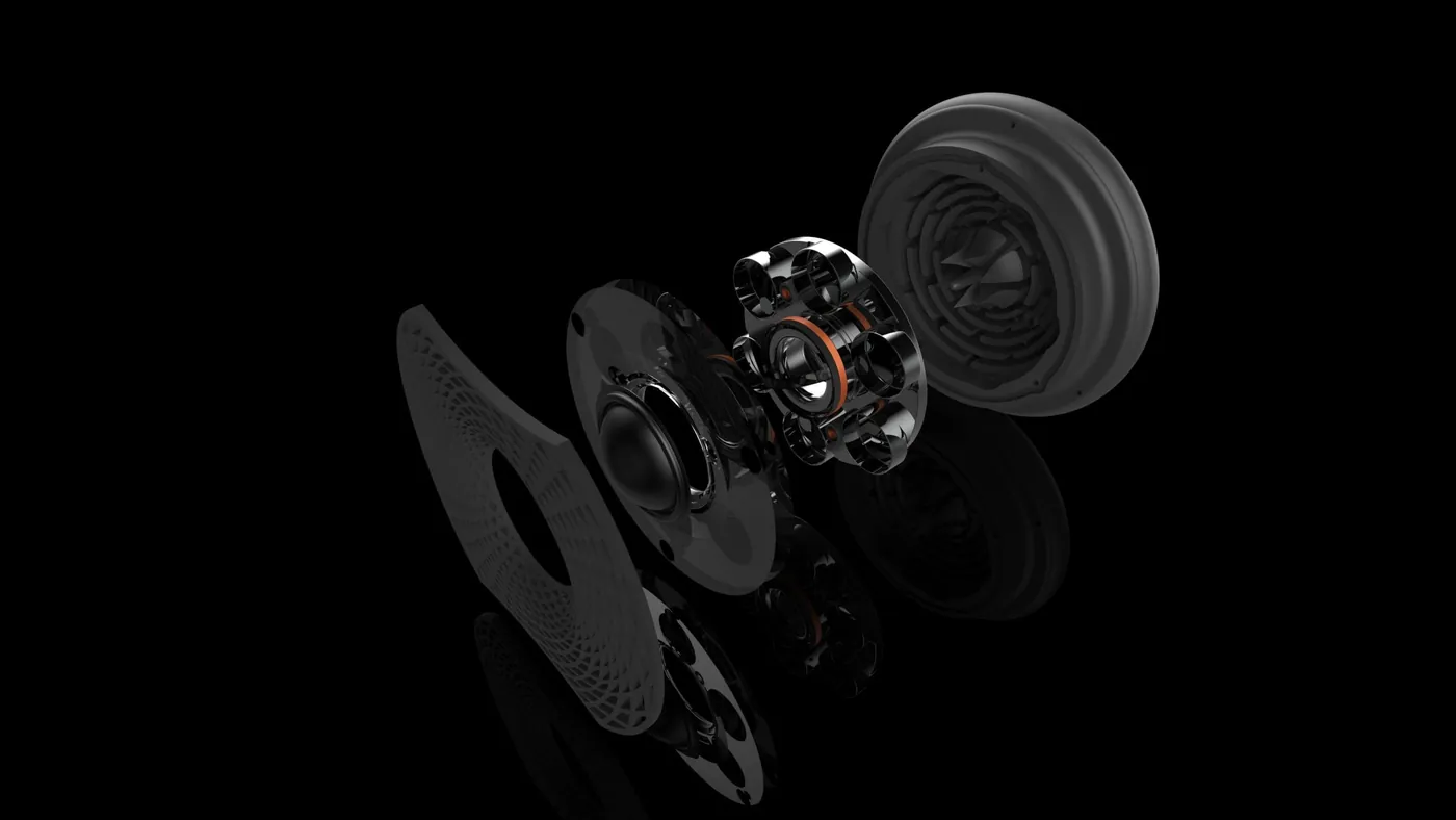 Exploded render of a tweeter on black: a patterned faceplate, the dome and the motor assembly floating apart one behind another.