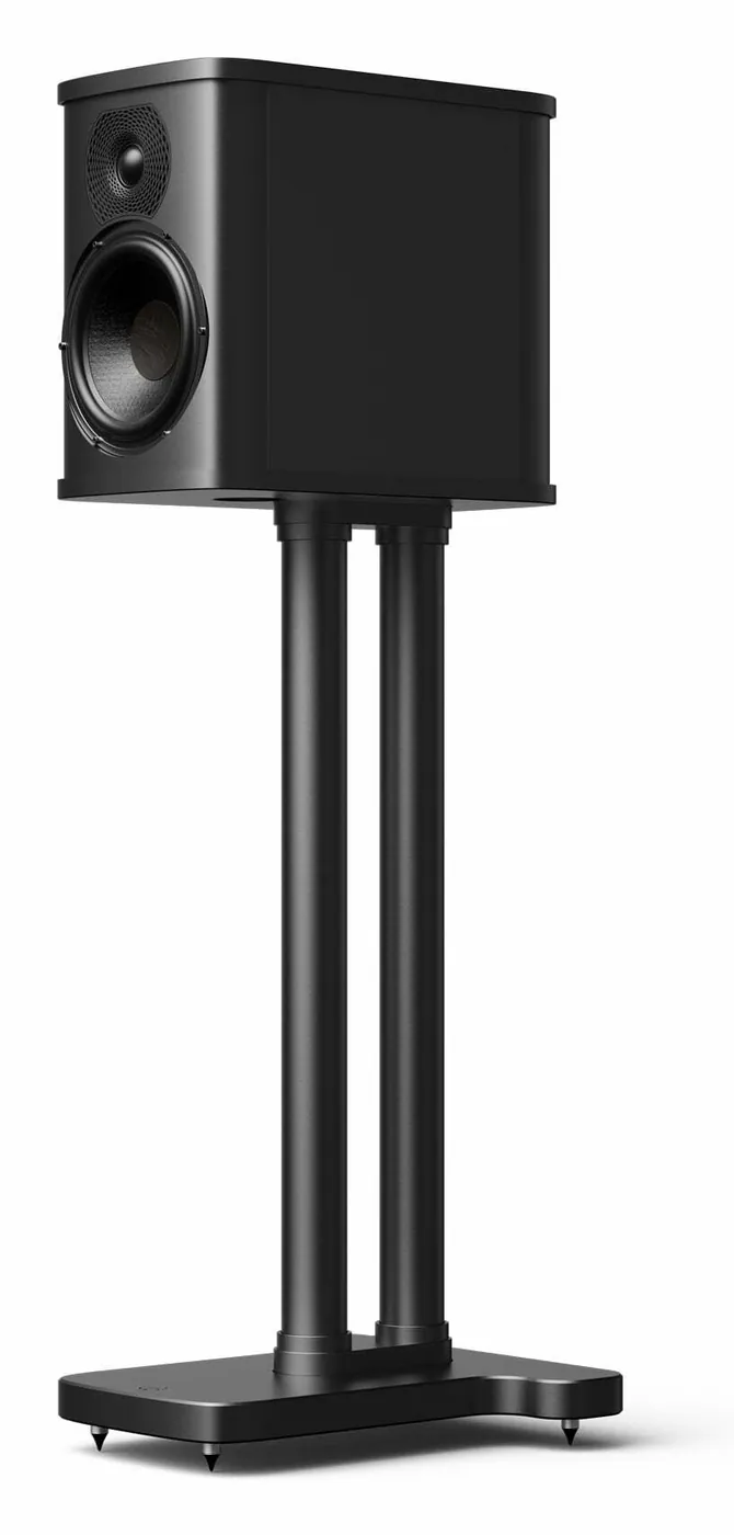 A Precision P1.0 stand-mount loudspeaker in black on a two-pillar stand, three-quarter view on white.
