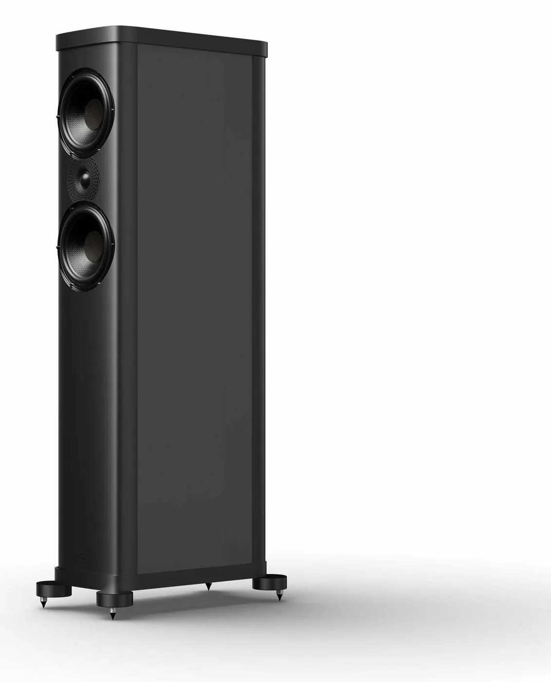 A Precision P2.0 floor-standing loudspeaker in black, three-quarter view on white: two drive units with the tweeter between them, and outrigger feet.