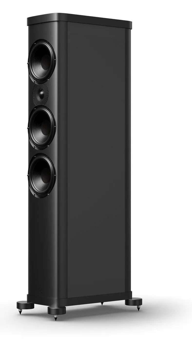 A Precision P3.0, the tallest of the range, in black on white: three drive units and a tweeter, on outrigger feet.